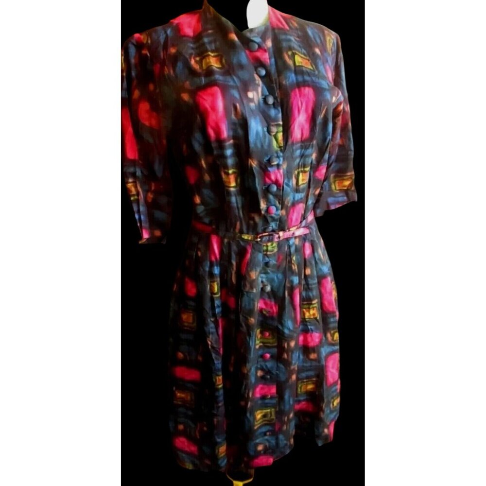 Vintage Womens Dress 10 1950's Acetate Nylon PINK/BLUE BELTED Dress TONI TODD